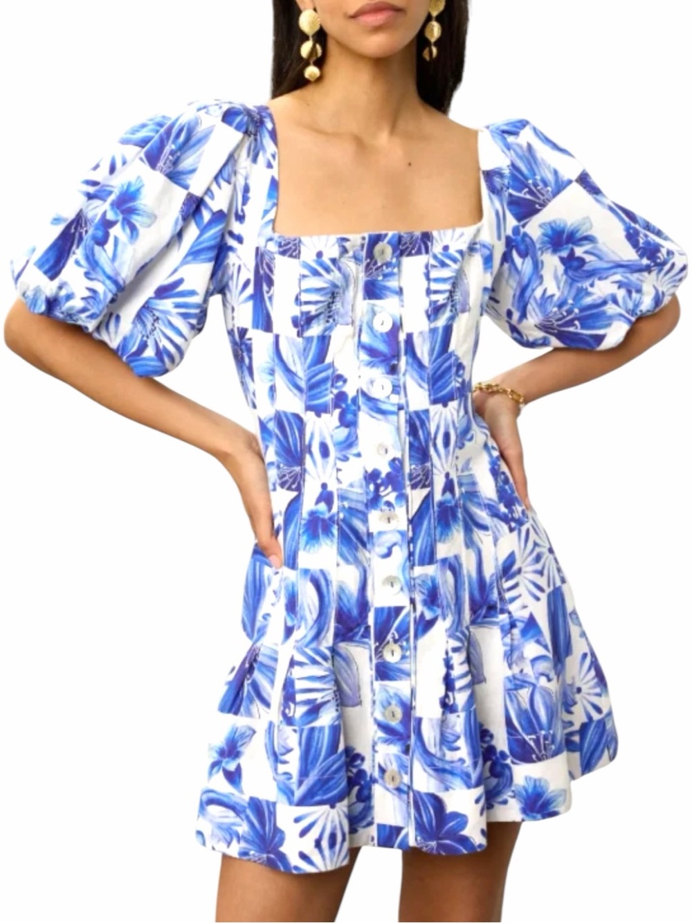 NEW CAROLINE CONSTAS NEW YORK Tile Print Linen Blend Dress Size 6